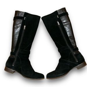 Ugg Cydnee Boots 11 Black Leather Knee High Buckle Sheepskin Shearling Stretch